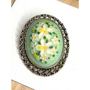 Vintage Oval Floral Brooch With Hand-Painted White & Yellow Flowers On Mint Gree